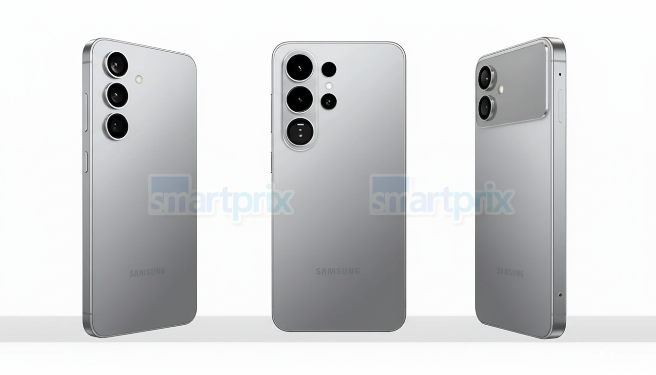 Three views of a silver Samsung smartphone, showcasing its back and sides with multiple camera lenses, presented against a clean white background.