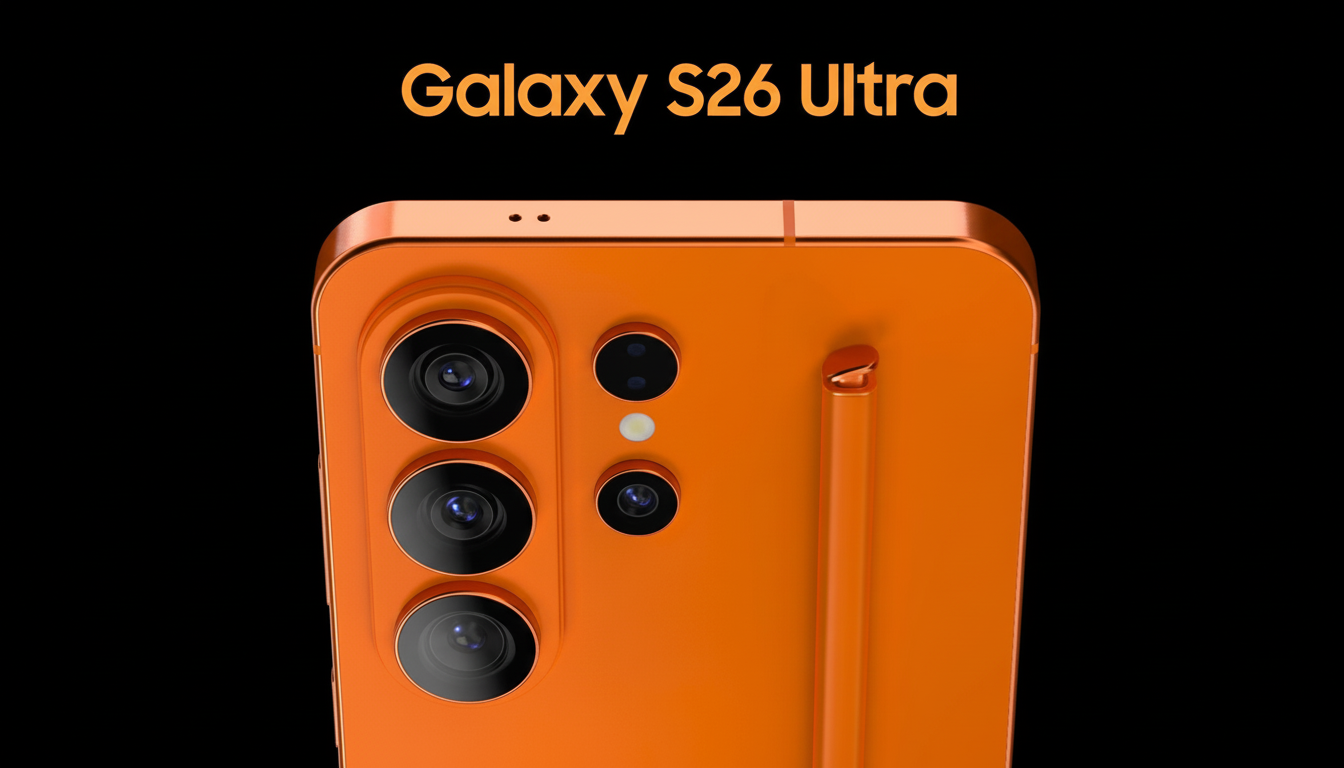 A close-up, professional shot of the back of an orange Galaxy S26 Ultra smartphone, featuring its camera array and S Pen, set against a black background.