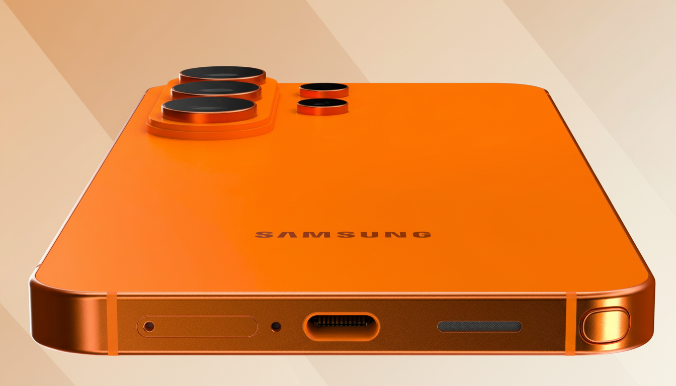 A professional, enhanced image of an orange Samsung smartphone, viewed from the bottom-right corner, showcasing its camera lenses and charging port against a soft, gradient background.