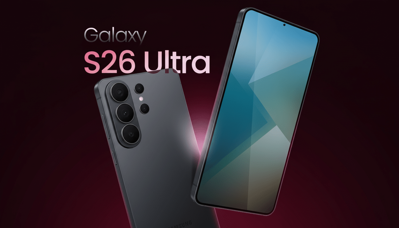 A professional product shot of two Samsung Galaxy S26 Ultra smartphones, one viewed from the back showing its camera array, and the other from the fro