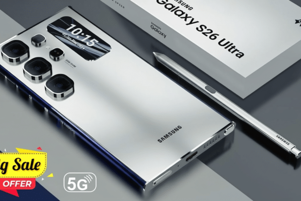 A silver Samsung Galaxy S26 Ultra smartphone with a stylus pen next to it, and a Big Sale Offer badge in the corner.