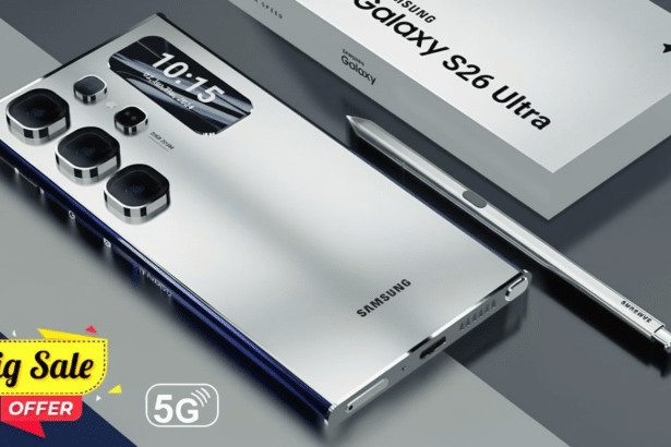 A silver Samsung Galaxy S26 Ultra smartphone with a stylus and its product box, featuring a Big Sale Offer badge and a 5G icon. The background has bee