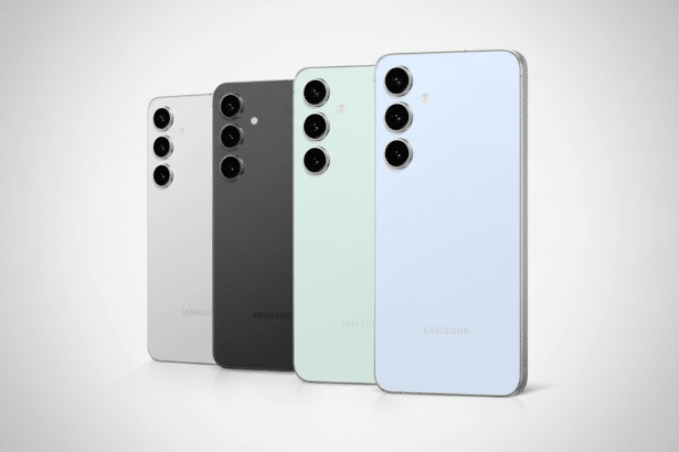 Four Samsung Galaxy S 23 phones in different colors —cream, phantom black, green, and lavender— lined up diagonally on a white - to-grey gradient back