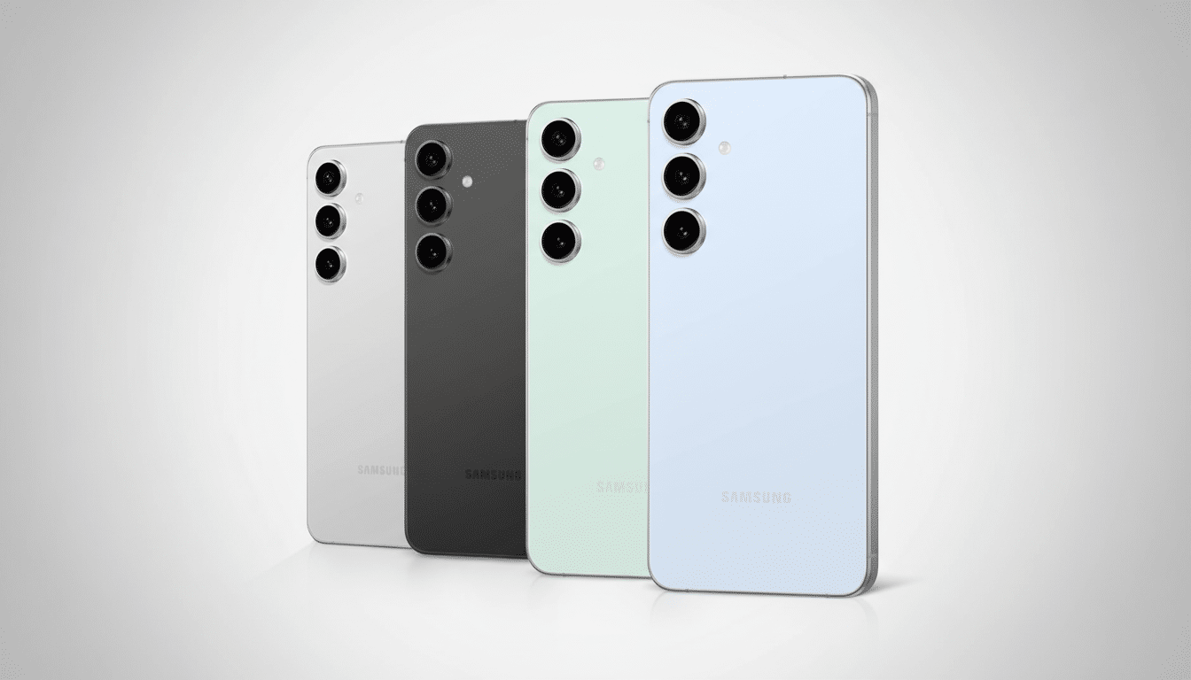 Four Samsung Galaxy S 23 phones in different colors —cream, phantom black, green, and lavender— lined up diagonally on a white - to-grey gradient back