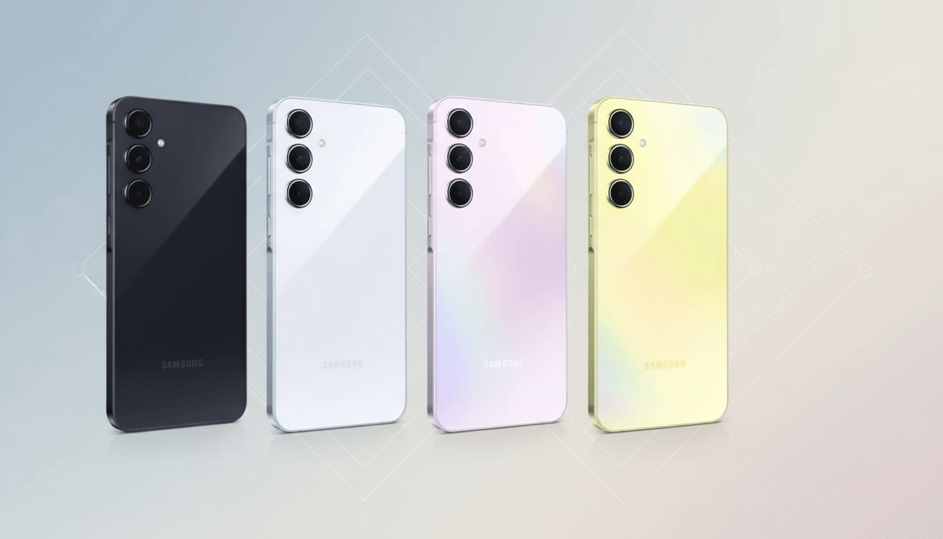 Four Samsung Galaxy S 2 4 phones in black, white, pink, and yellow, arranged on a soft gradient background with geometric patterns.