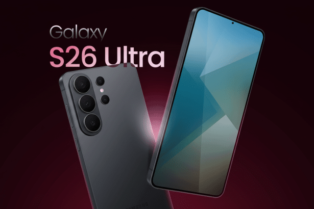 A professional depiction of two Samsung Galaxy S26 Ultra smartphones, one viewed from the back showing its camera array and the other from the front displaying a screen with a blue and green abstract wallpaper , against a deep red and purple gradient background with Galaxy S26 Ultra text.