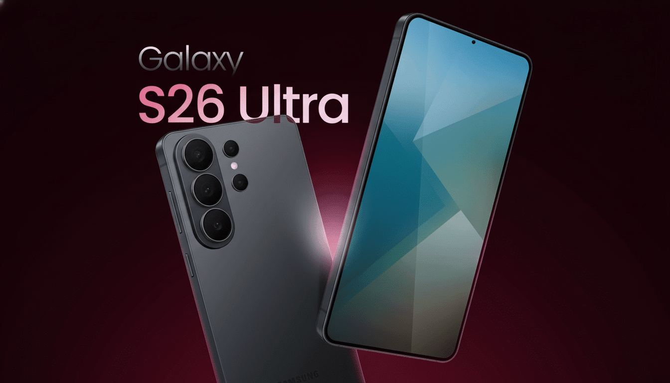 A professional depiction of two Samsung Galaxy S26 Ultra smartphones, one viewed from the back showing its camera array and the other from the front displaying a screen with a blue and green abstract wallpaper , against a deep red and purple gradient background with Galaxy S26 Ultra text.