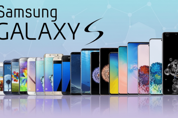 A timeline display of various Samsung Galaxy S smartphones, from the earliest models on the left to the latest on the right, against a clean, light bl
