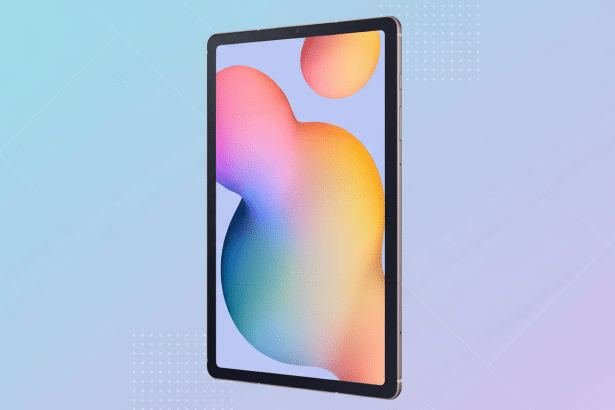A modern tablet with a colorful abstract display , presented on a subtle blue and purple gradient background with a soft geometric pattern.