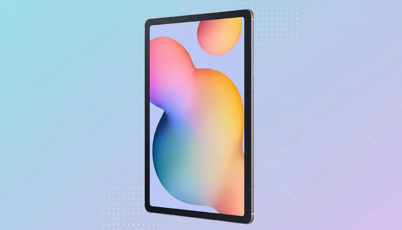 A modern tablet with a colorful abstract display , presented on a subtle blue and purple gradient background with a soft geometric pattern.