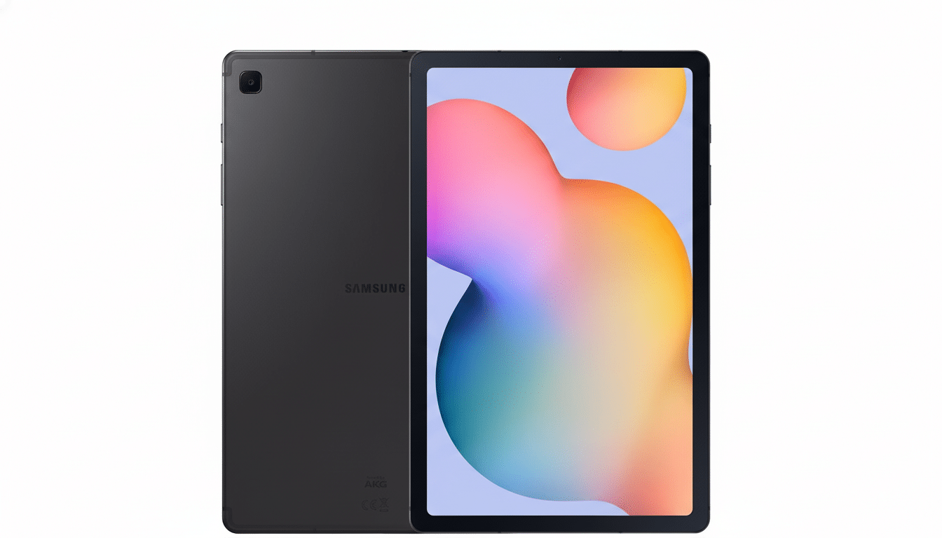 A professional shot of a dark gray Samsung Galaxy Tab S6 Lite tablet , showing both the front with a colorful abstract wallpaper and the back with the Samsung logo, against a clean white background.