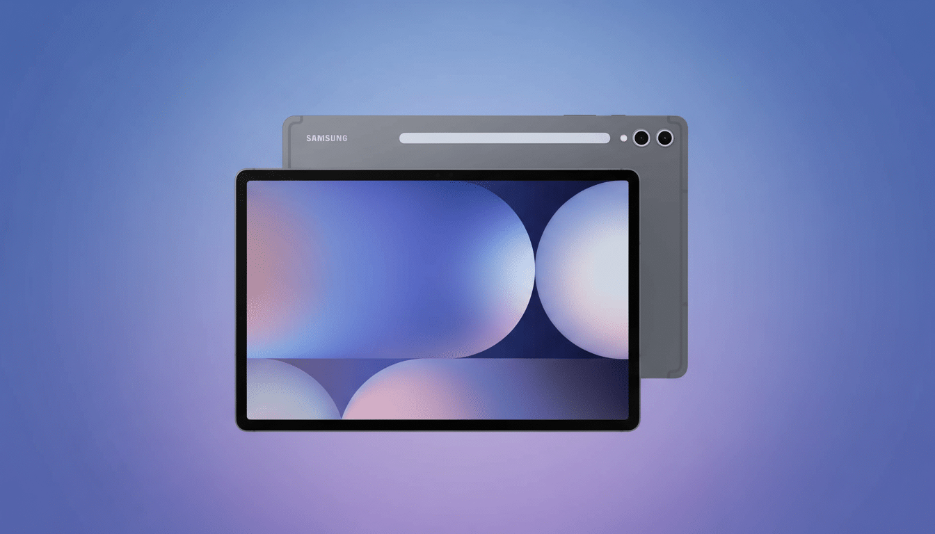A Samsung Galaxy Tab S8 Ultra in graphite gray, showing both its front display with a modern abstract wallpaper and its back with the Samsung logo and