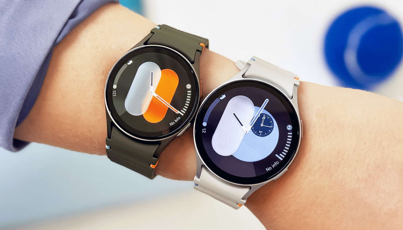 Two Samsung Galaxy Watch 5 Pro smartwatches, one in dark green and the other in light gray, worn on wrists.