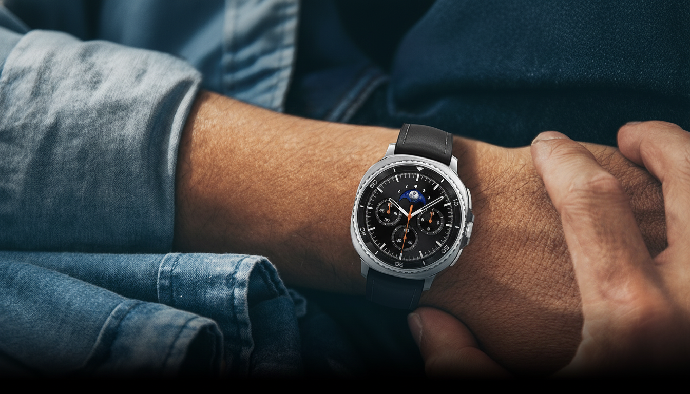 A close-up of a silver smartwatch with a black face and leather strap on a persons wrist, who is wearing a denim shirt.