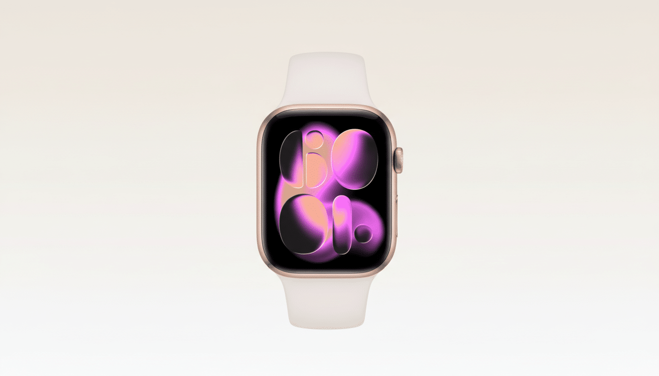 A gold Apple Watch with a white band, displaying a colorful watch face with abstract pink and orange shapes, professionally presented against a soft,