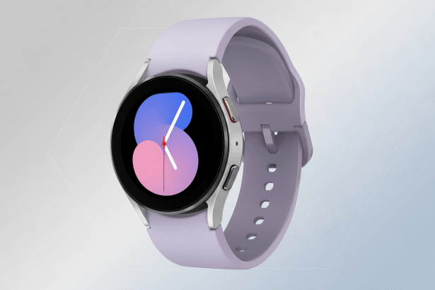 A professional, enhanced image of a lavender Samsung Galaxy Watch 5 on a clean, light grey background with subtle hexagonal patterns and a soft gradie