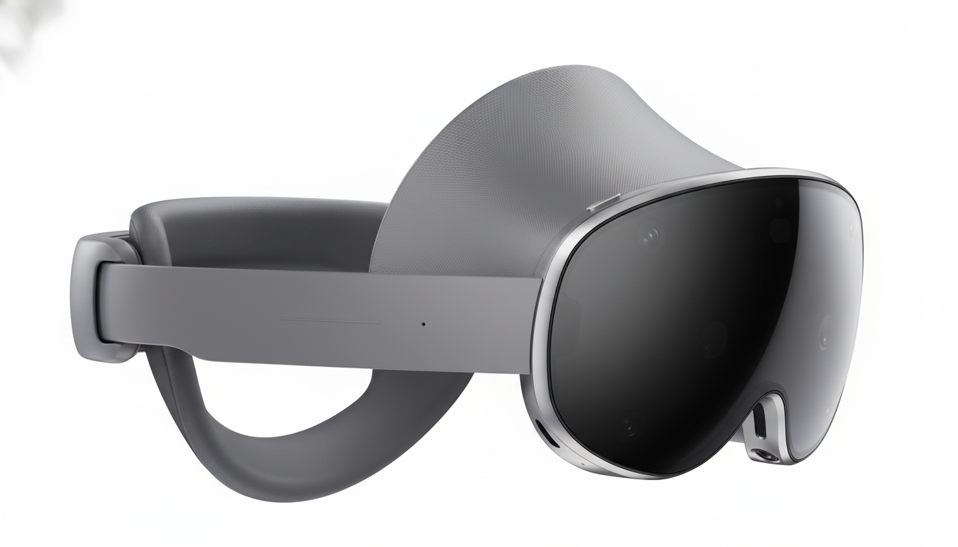 A sleek, gray virtual reality headset with a dark, reflective visor and a textured fabric strap, presented against a clean white background.