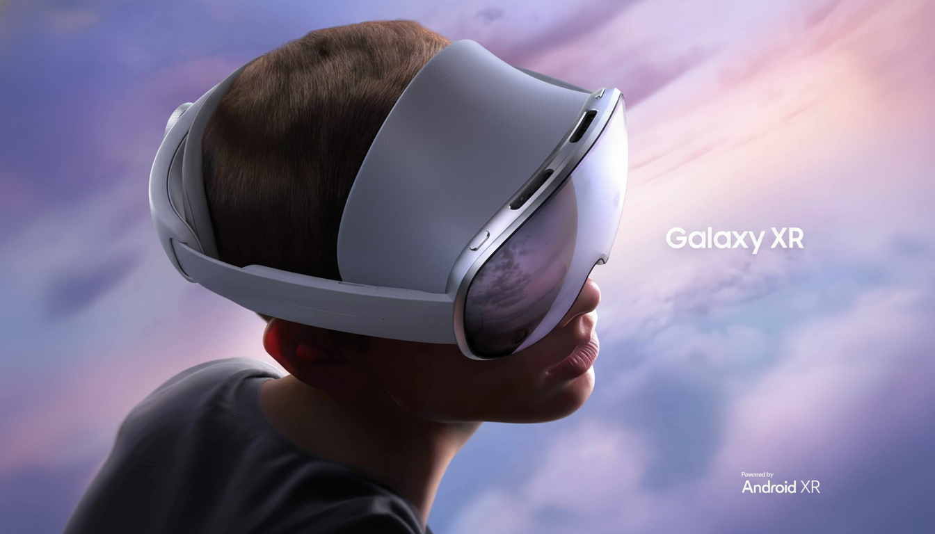A person wearing a white and grey Samsung Galaxy XR virtual reality headset with Galaxy XR and Powered by Android XR text on a blurry purple and pink background .