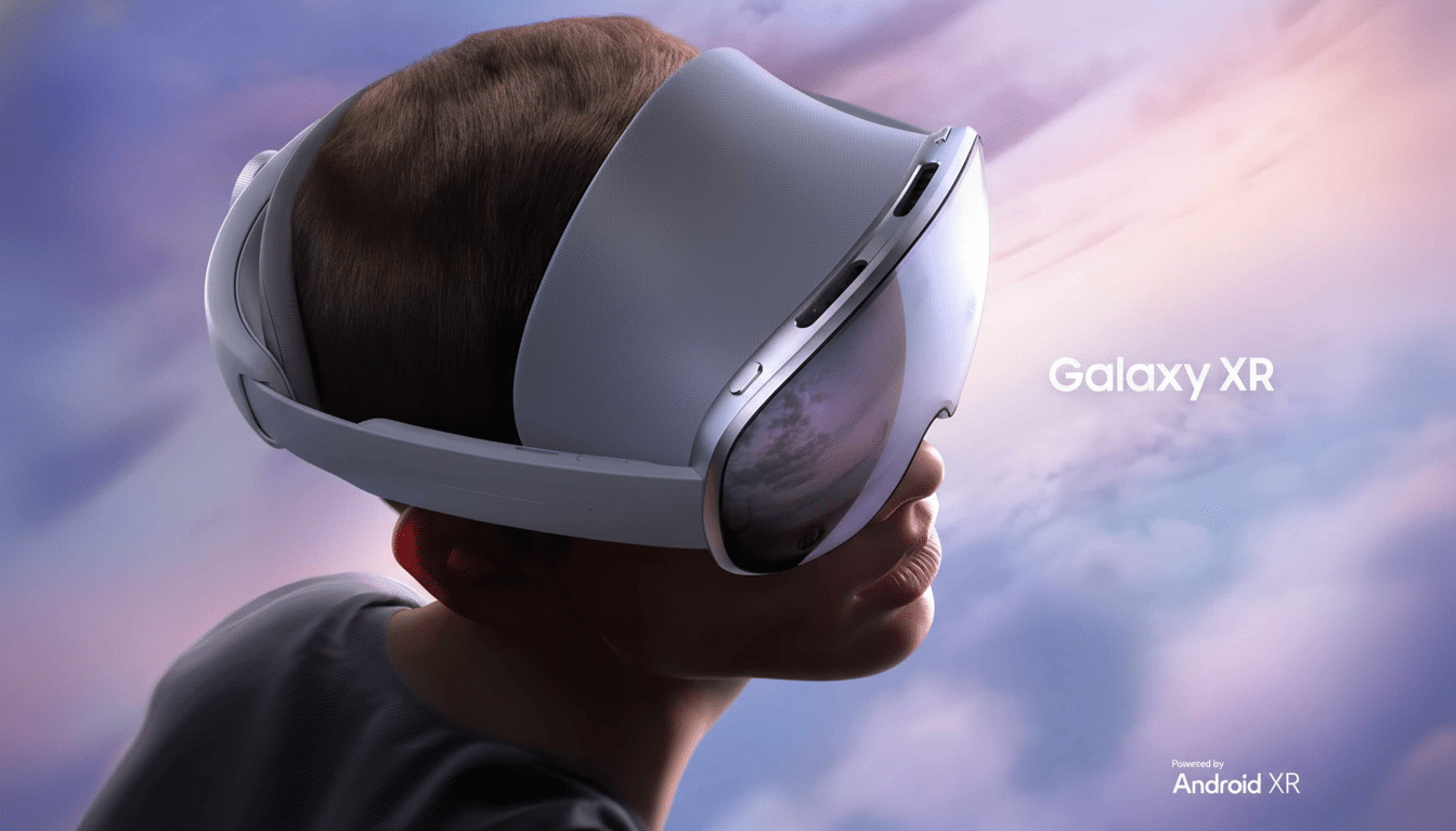 A person wearing a white and grey Samsung Galaxy XR virtual reality headset with  Galaxy XR and Powered by Android XR text on a blurry purple and pink background .