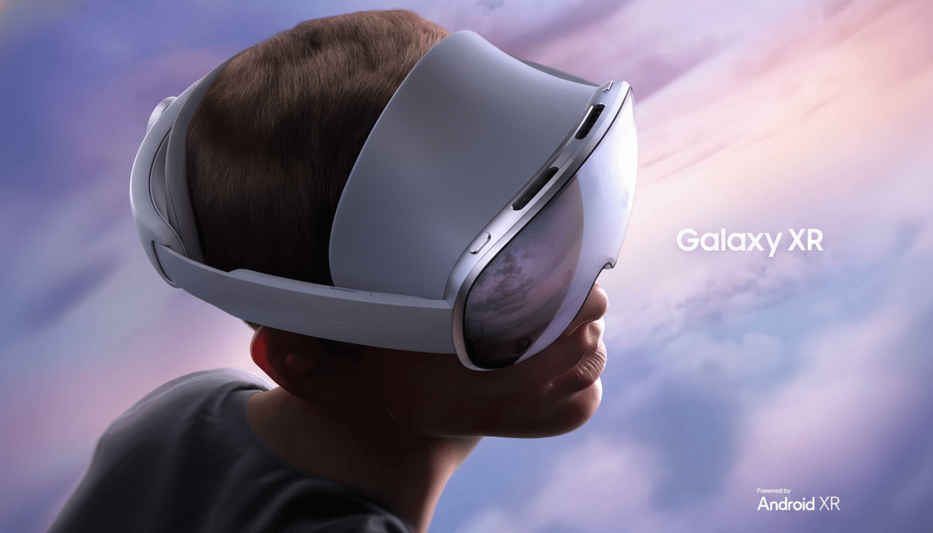 A person wearing a white and grey Samsung Galaxy XR virtual reality headset, looking up and to the right against a soft, gradient sky background. The words Galaxy XR are visible in the top right, and Powered by Android XR in the bottom right.