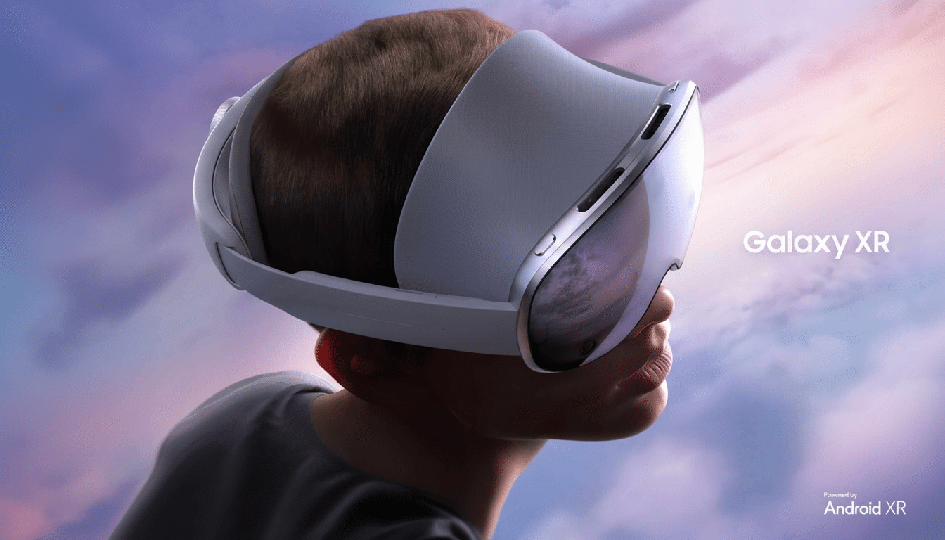 A person wearing a white and grey Samsung Galaxy XR virtual reality headset with  Galaxy XR and Powered by Android XR text on a gradient background .