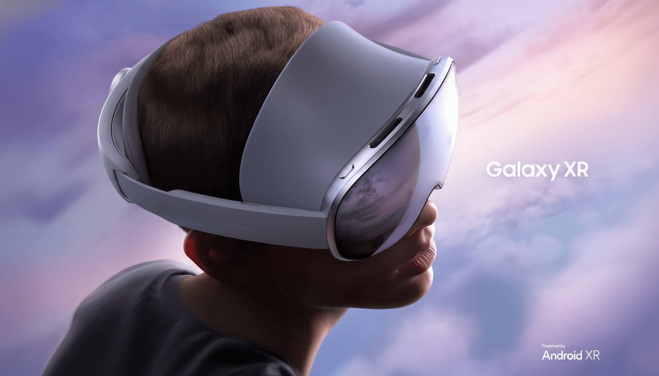 A person wearing a white and grey  Galaxy XR virtual reality headset, with a soft purple and pink sky background. The text Powered by Android XR is in the bottom right corner.