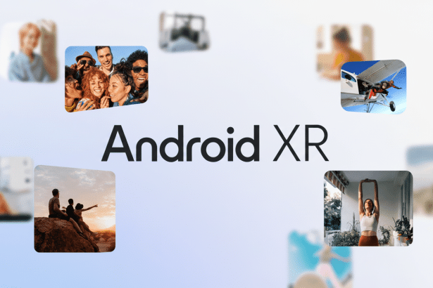 An image featuring the text Android XR prominently in the center, surrounded by multiple smaller , rounded square images depicting various human activities. These activities include a group of diverse young people smiling together , a person sky diving from a small plane, two people watching a sunset from a rocky outcrop, and a woman stretching indoors. The background is a soft, professional gradient of light blue and white. Filename : androidxr prom otionalimage. png