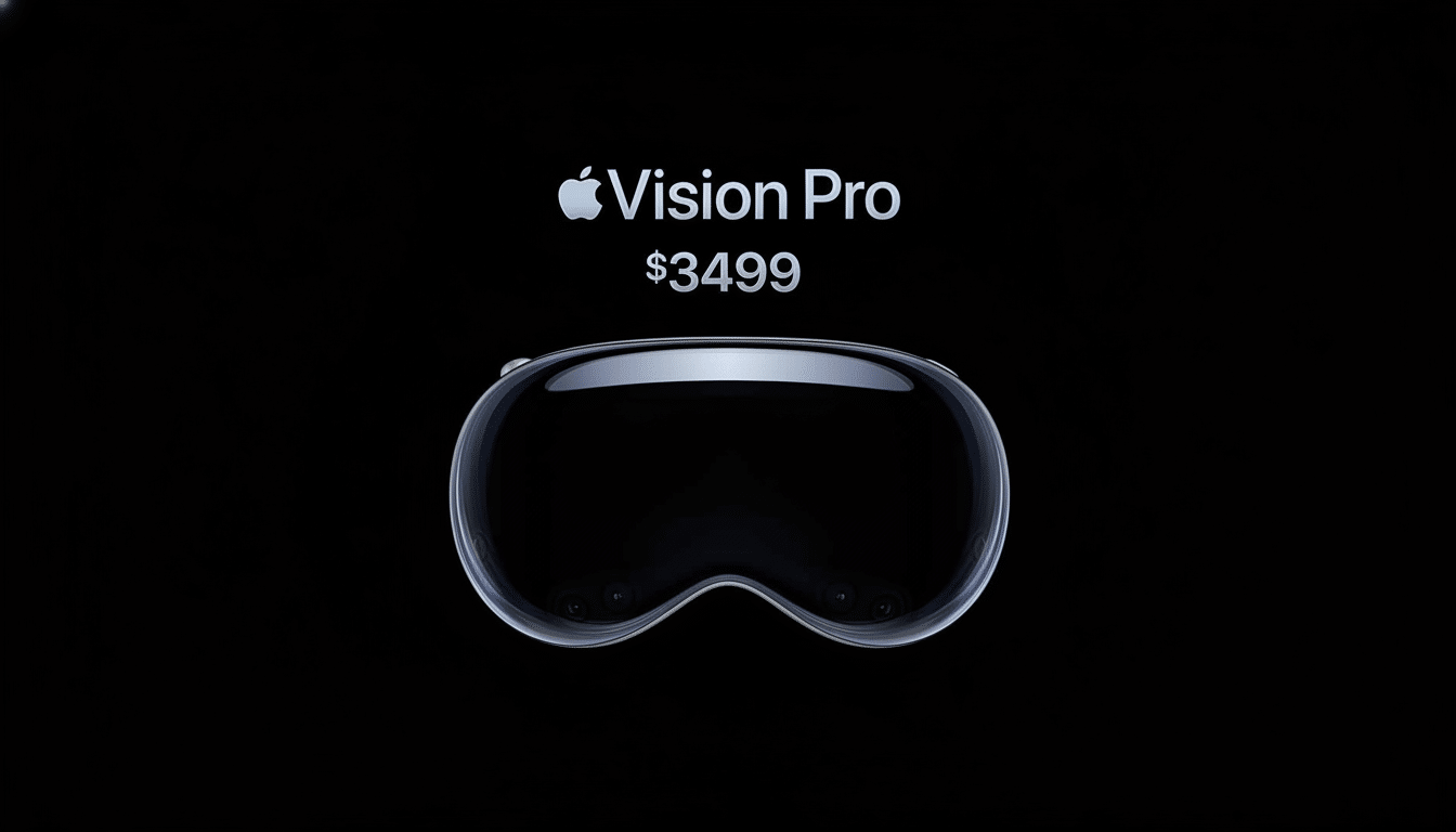 A professional image of the Apple Vision Pro headset , priced at $ 3499 , against a solid black background, resized to a 16: 9 aspect ratio.
