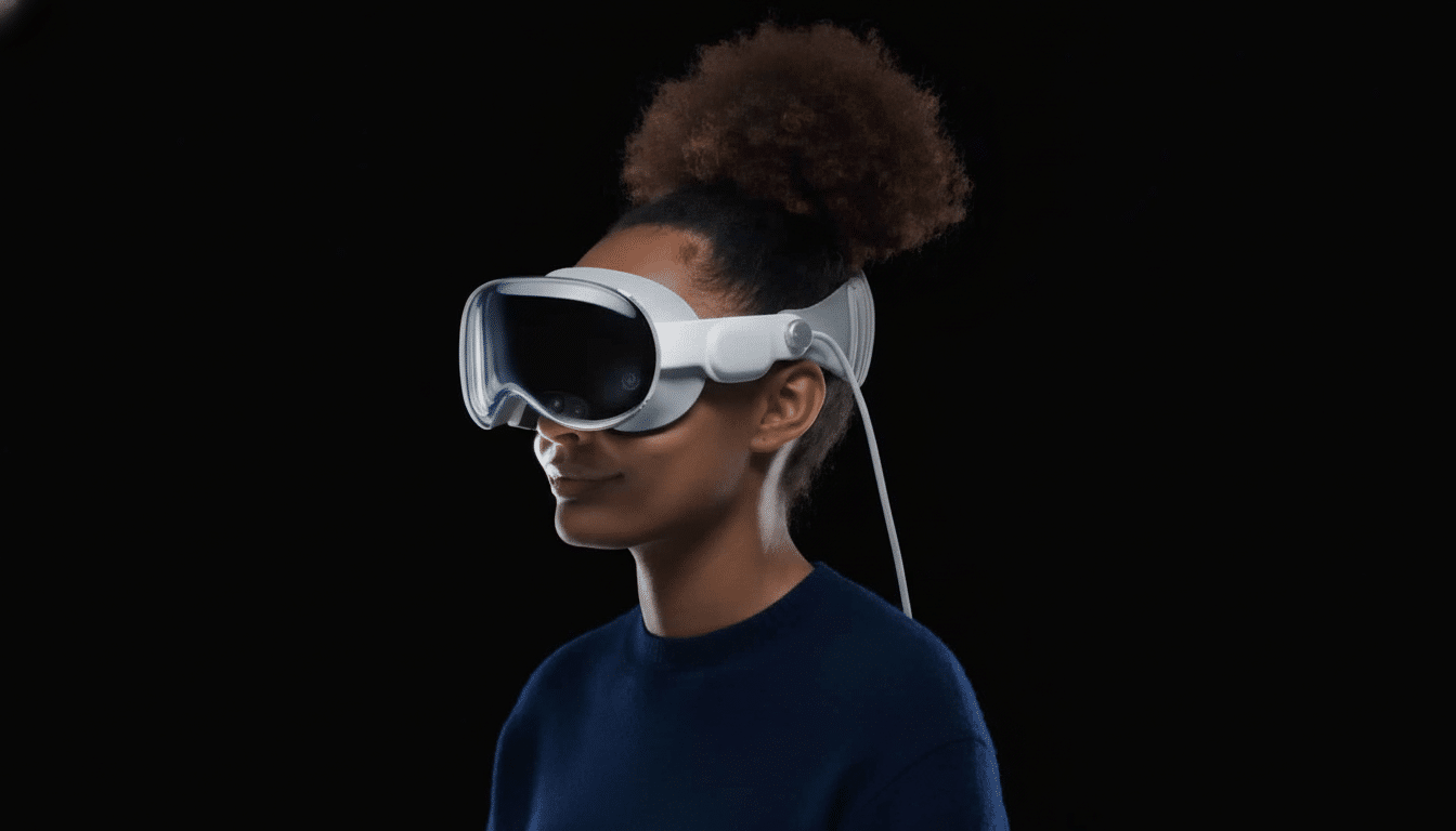 A person with dark, curly hair in a bun wearing white virtual reality goggles with a black visor , looking slightly to the right against a black background. Filename : person wearingvr goggles. png