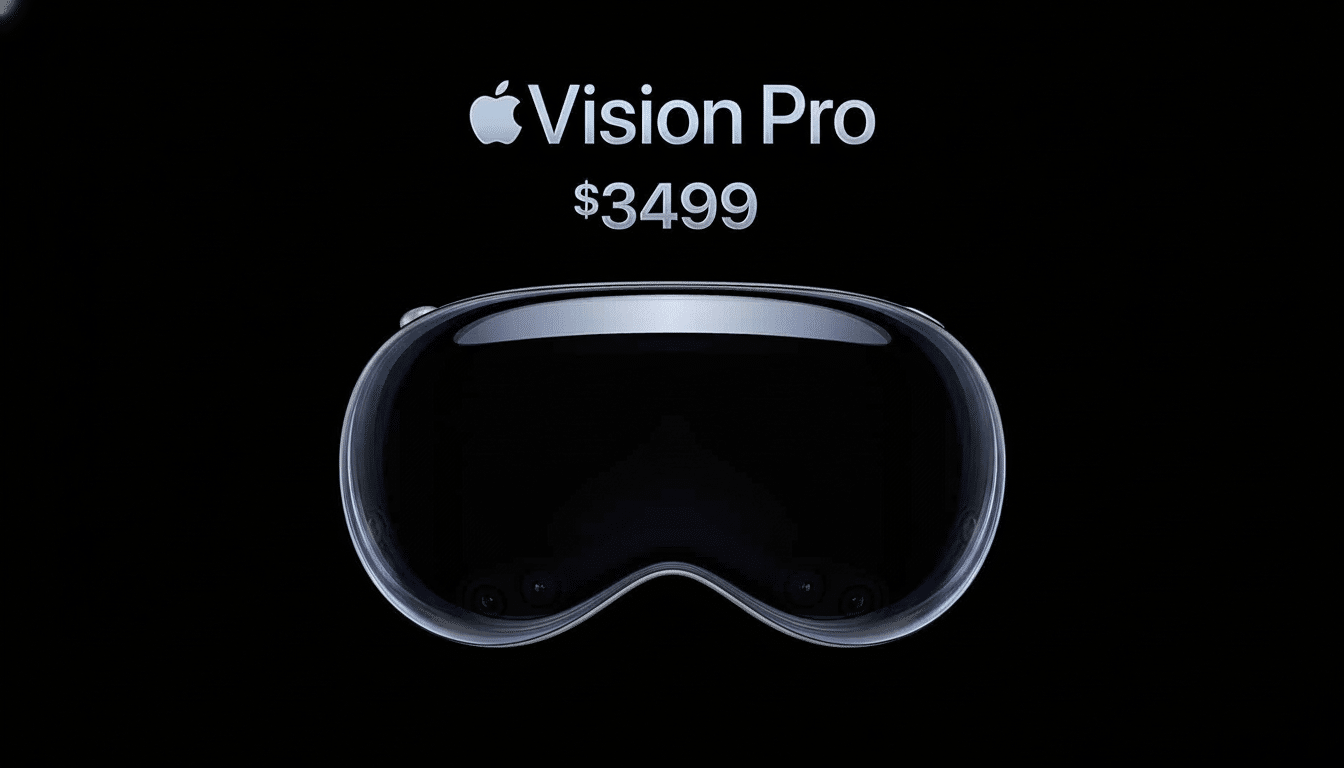 Apple Vision Pro headset with  Vision Pro text and  99 price tag, on a black background, resized to 16 :9 aspect ratio .