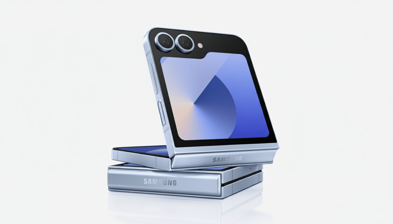 A professional shot of a silver Samsung Galaxy Z Flip 5 smartphone, partially folded and resting on a light background.