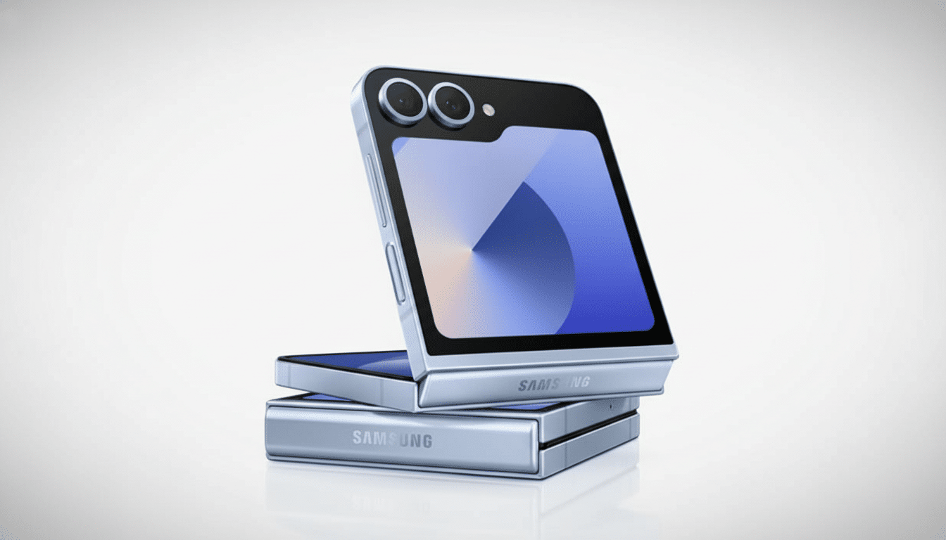 A professional shot of a silver Samsung Galaxy Z Flip 5, partially folded, showcasing its front display and camera lenses . The phone is positioned against a clean , light gray gradient background.