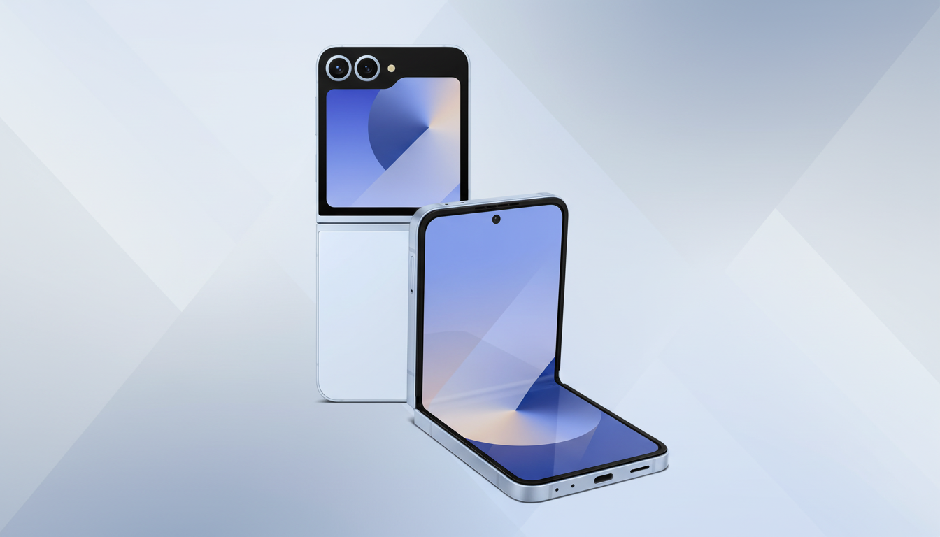 A light blue foldable smartphone, partially folded, is displayed in the foreground with another identical phone, fully unfolded, standing upright in the background. Both phones have a light blue and white abstract wallpaper on their screens. The background is a professional flat design with soft gray and white geometric patterns.