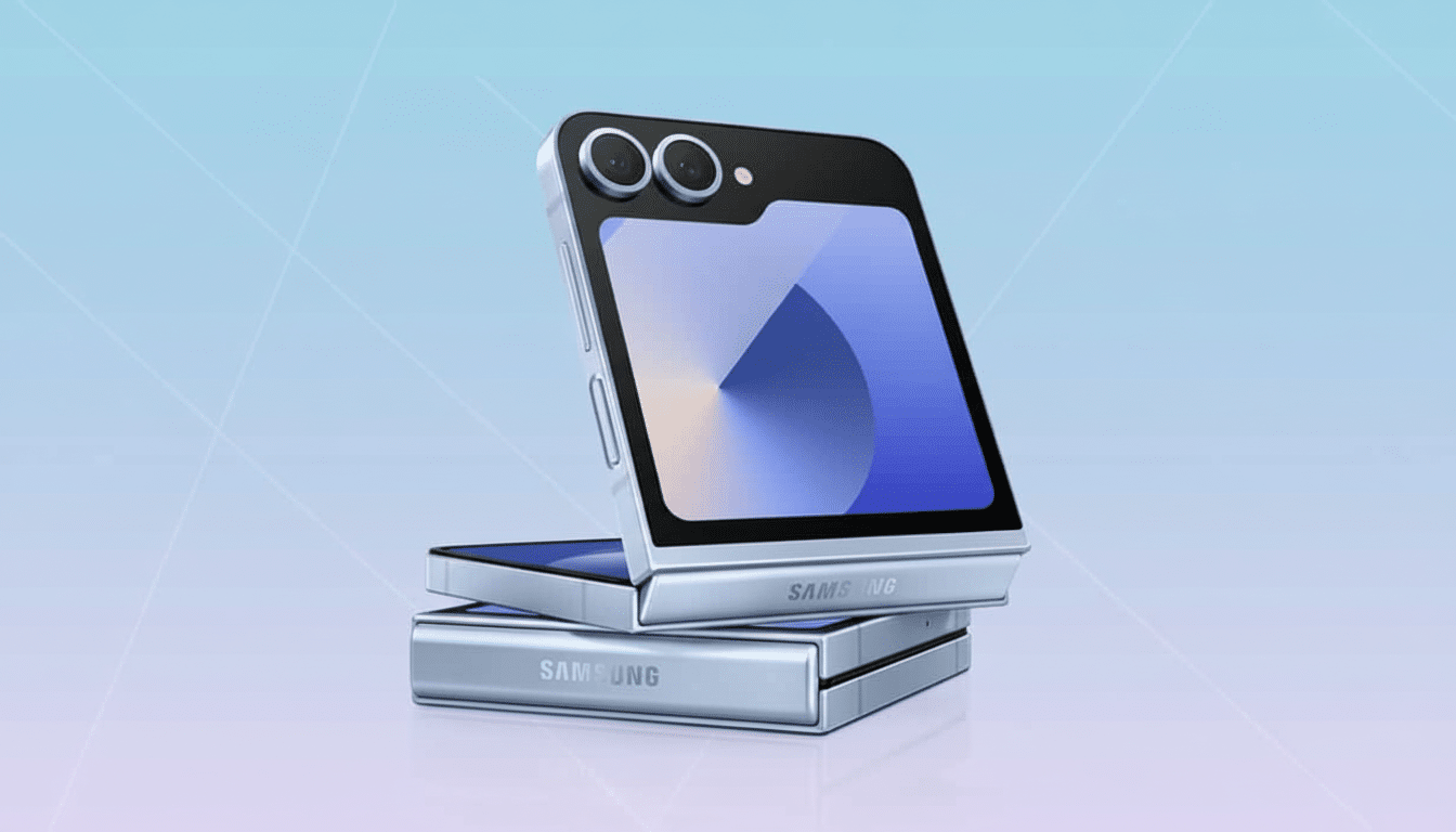 A professional shot of a silver Samsung Galaxy Z Flip phone, partially open and resting on its folded lower half, presented against a soft blue gradie