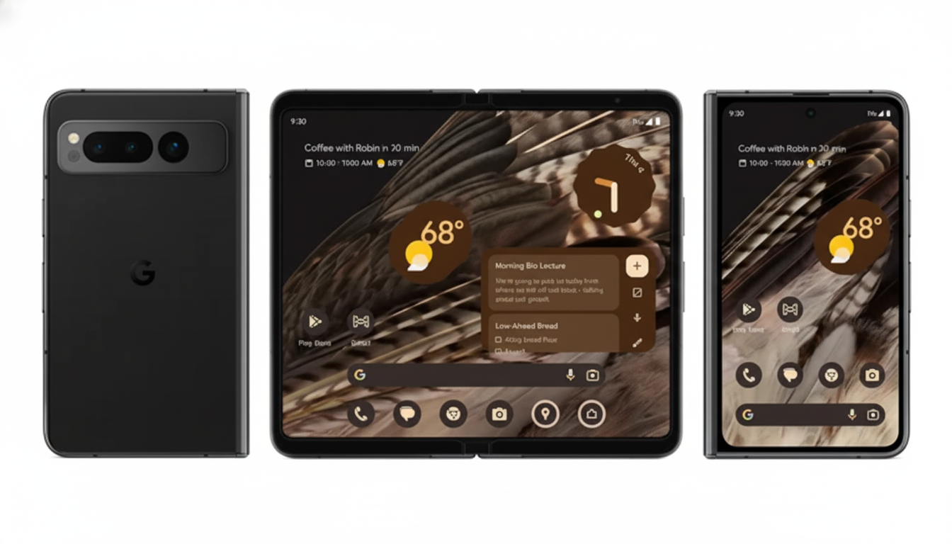 A Google Pixel 7 Pro phone in black, shown from the back, next to a Google Pixel Fold phone, displayed both unfolded and folded, all against a white background.