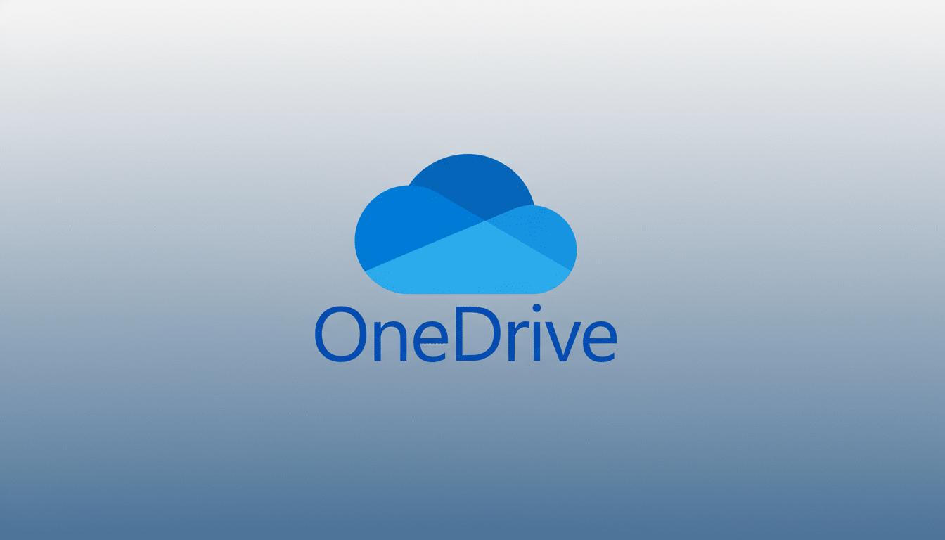 The OneDrive logo, featuring a blue cloud icon above the word OneDrive  in blue text , presented on a subtle grey and blue gradient background with a 16 :9 aspect ratio .