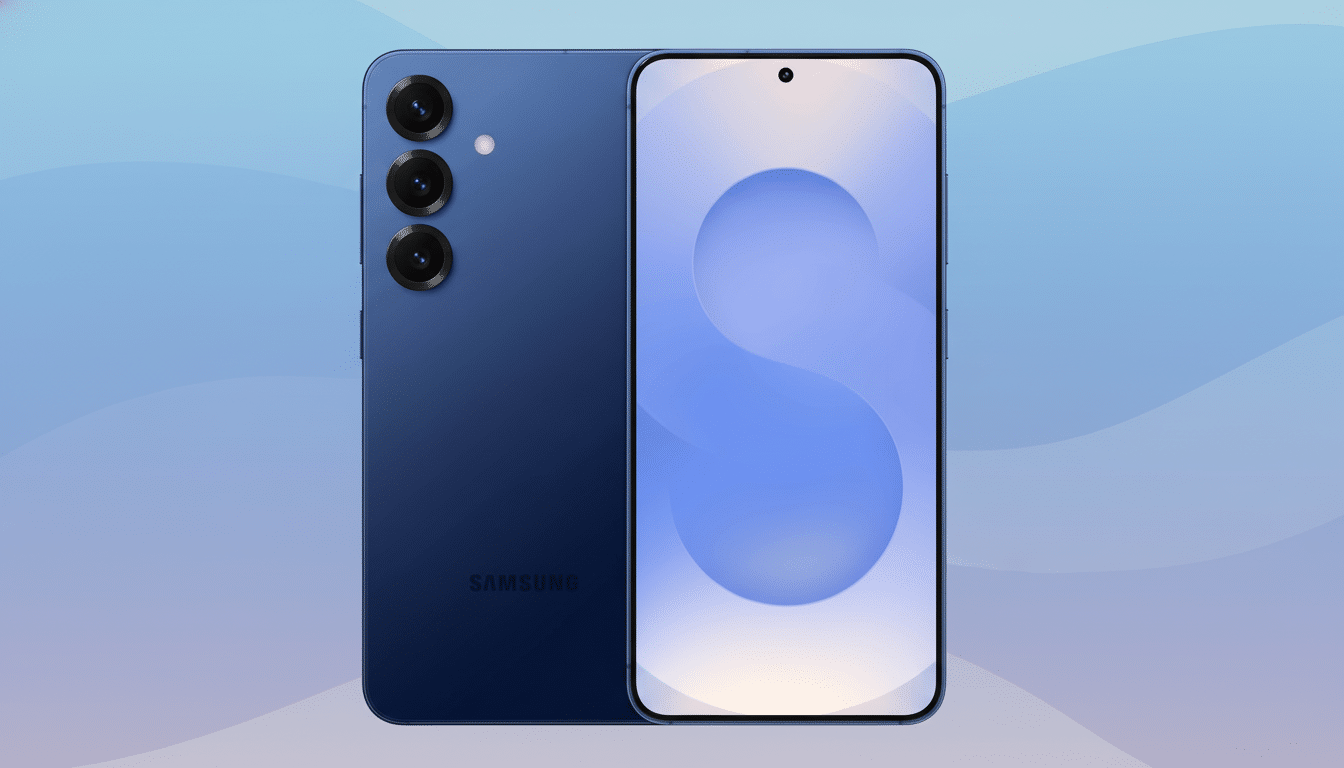 A blue Samsung smartphone is displayed in a 16 :9 aspect ratio . The front of the phone shows a display with a light blue and white abstract pattern, and the back has a matte blue finish with a triple camera setup . The background is a soft blue gradient with subtle wave patterns. Filename : samsungsmartphone blue . png