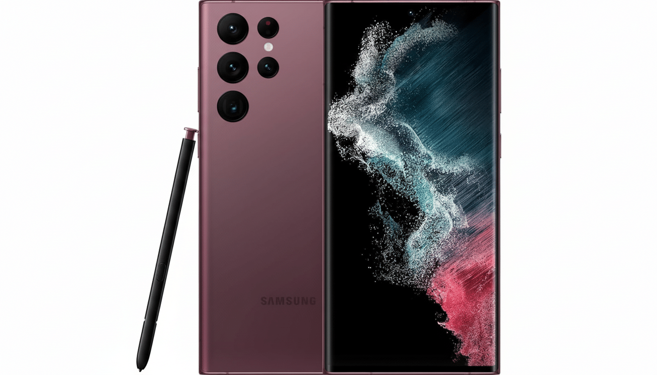 A professional , enhanced image of a Samsung Galaxy S2 2 Ultra in burgundy , with the S Pen stylus beside it , presented in a 16: 9 aspect ratio with a clean white background.