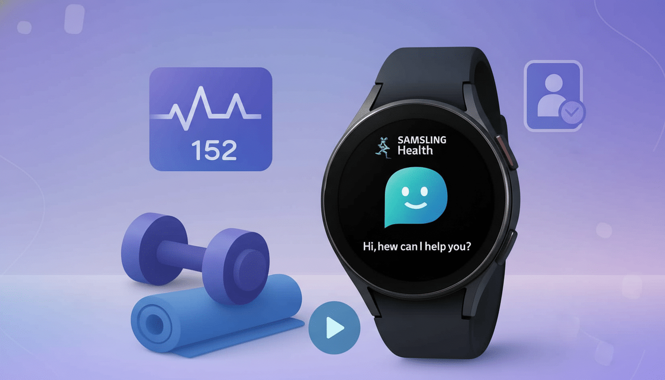 A dark smartwatch displaying a Hi , how can I help you? message from Samsling Health, next to a dumbbell , yoga mat, and icons for heart rate and user profile, all set against a soft purple gradient background. Filename : samsling healthsmartwatch 1 69. png