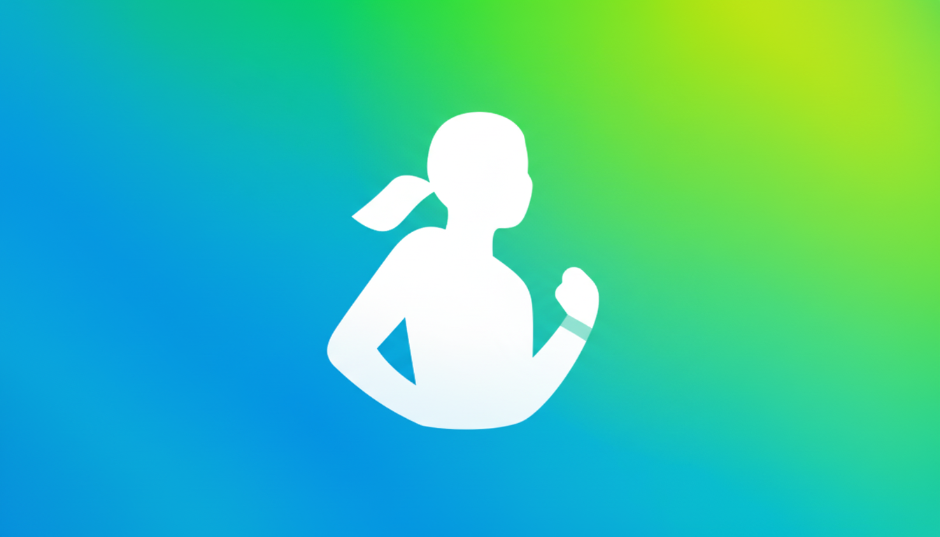 A 16:9 aspect ratio image featuring a white silhouette of a person with a ponytail and a fitness tracker on their wrist, set against a vibrant gradient background transitioning from blue to green.