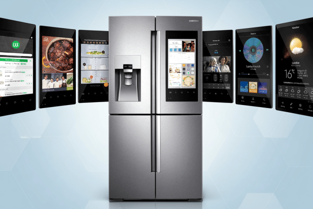 A professional shot of a Samsung smart refrigerator with various smart devices displaying different apps floating around it, set against a subtle blue gradient background. Filename : samsungsmart fridge enhanced . png