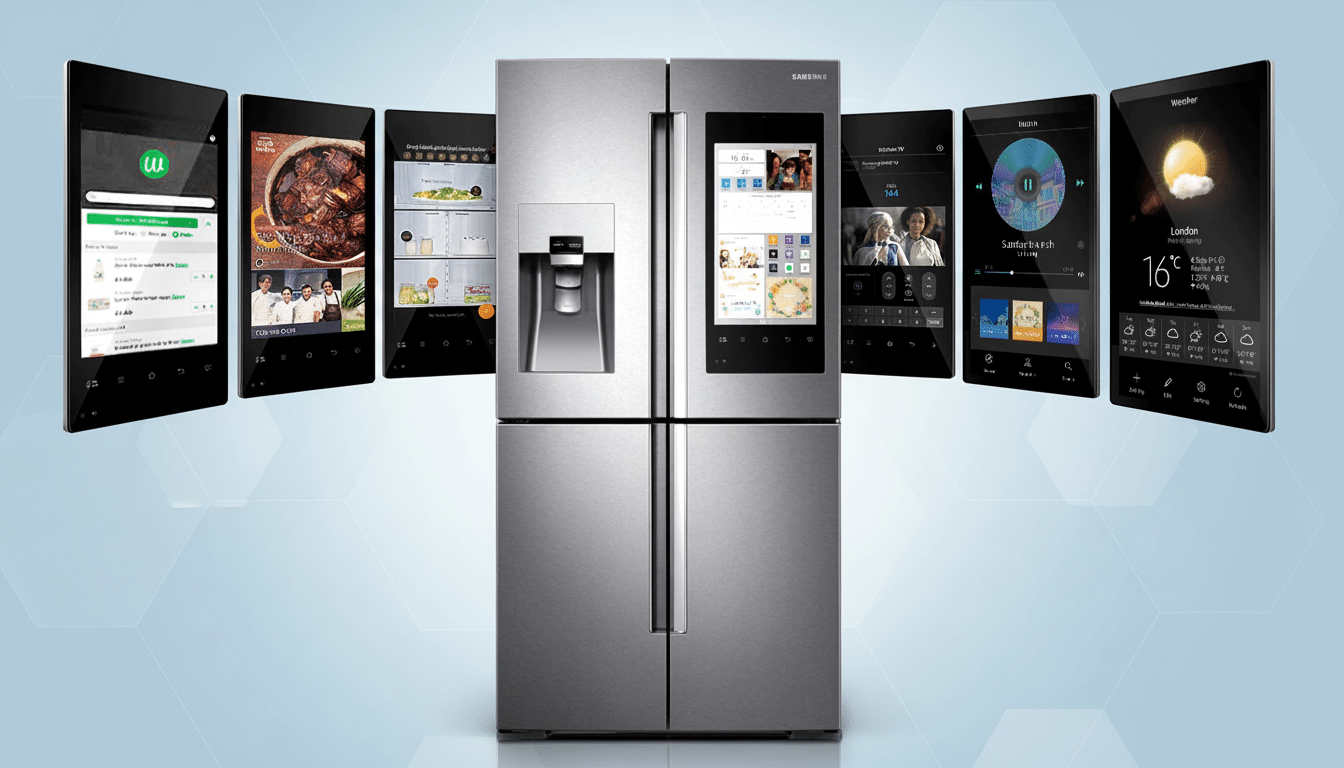 A professional shot of a Samsung smart refrigerator with various smart devices displaying different apps floating around it, set against a subtle blue gradient background. Filename : samsungsmart fridge enhanced . png