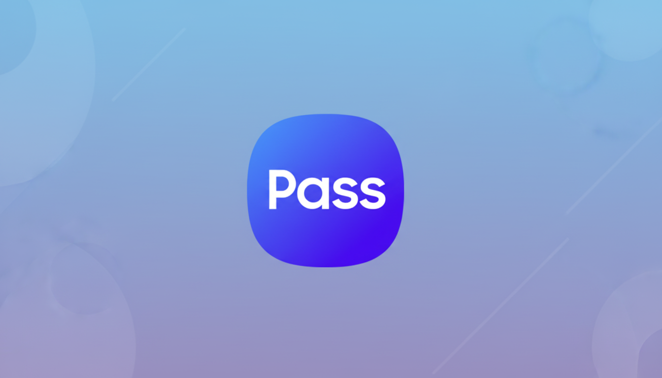 The word Pass in white text on a rounded square icon with a blue and purple gradient, centered on a professional 16:9 background with soft blue and purple gradients and subtle abstract patterns.