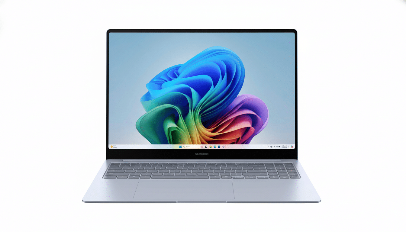 A professional front -facing view of a silver Samsung laptop with a colorful abstract wallpaper on its screen, set against a clean white background.