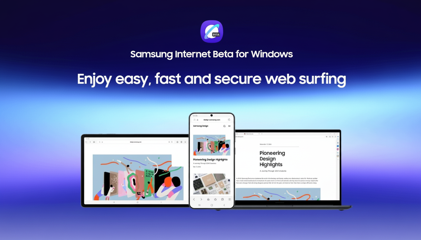 A promotional image for Samsung Internet Beta for Windows, featuring a laptop, tablet, and smartphone displaying web pages, all set against a dark blue background with a subtle gradient.