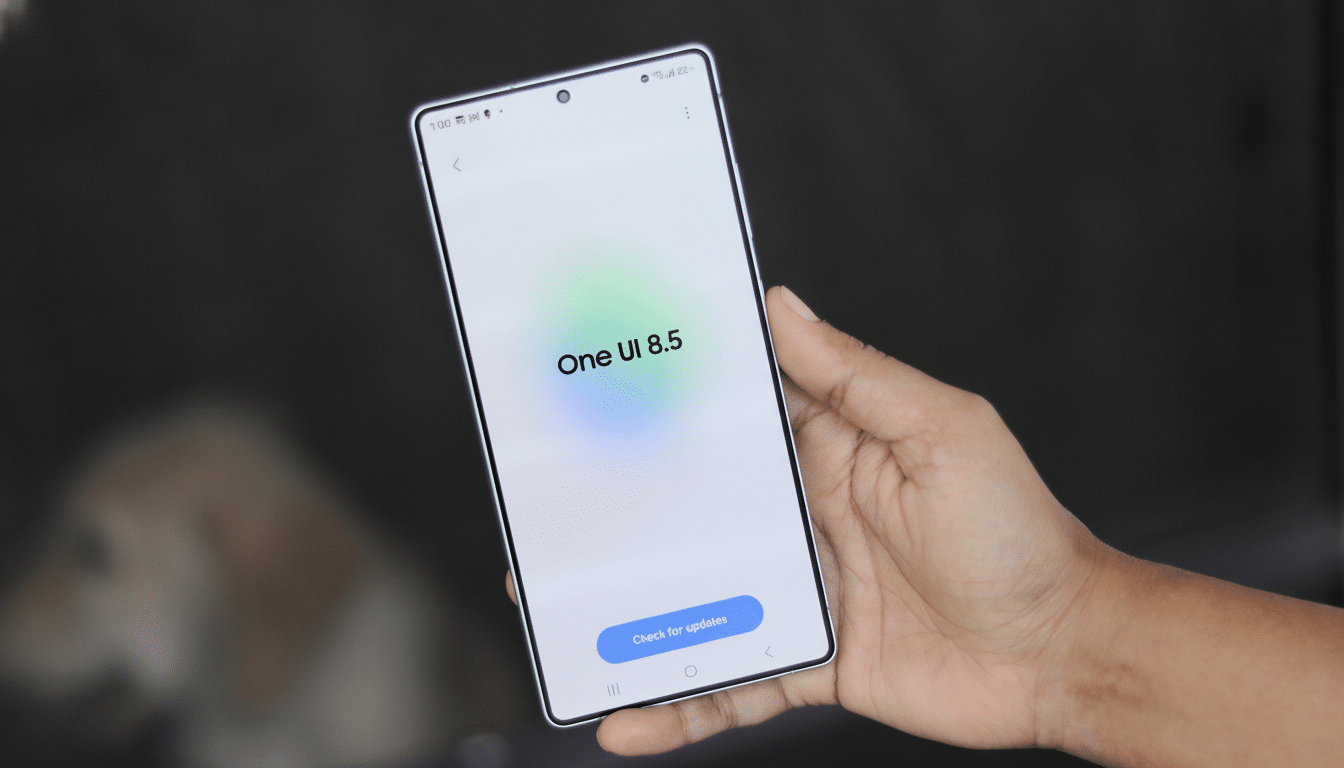 A hand holding a smartphone displaying  One UI 8 .5 and a Check for updates button on the screen. Filename : smartphone oneui 85 update . png