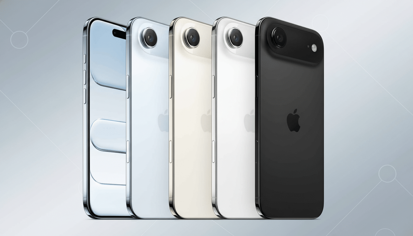 A row of five iPhone models in different colors: silver, light blue, gold, white, and black , against a professional flat gray background with subtle geometric patterns. Filename : ip h onesline up professional. png