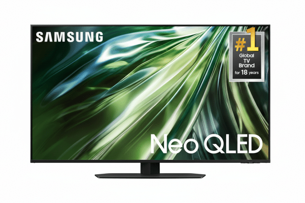 A Samsung Neo QLED television displaying green abstract art , with a Global TV Brand for 18 years badge in the top right corner .