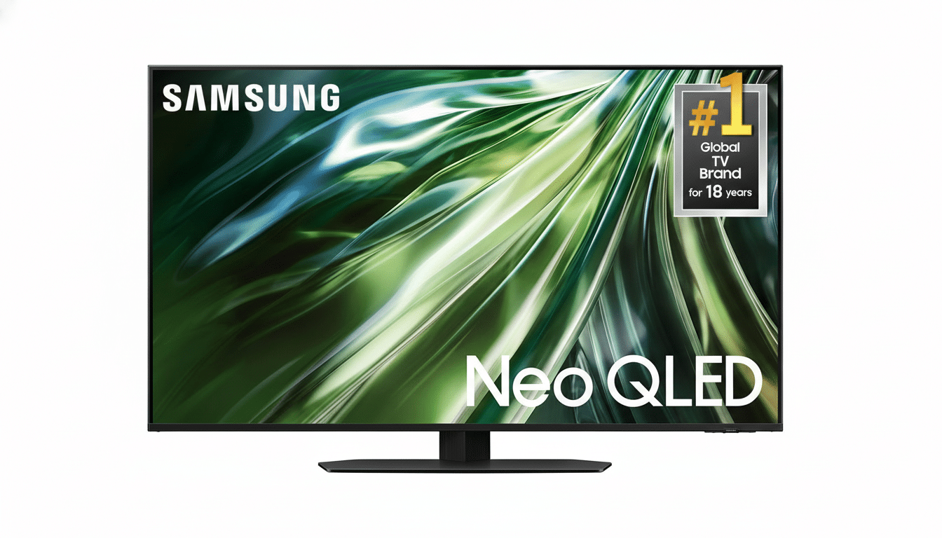 A Samsung Neo QLED television displaying green abstract art , with a Global TV Brand for 18 years badge in the top right corner .