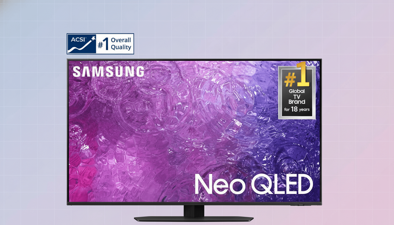 A Samsung Neo Q LED TV with a purple and pink ripple effect on the screen , centered on a background of soft, professional patterns in complementary colors. The AC SI #1 Overall Quality and # 1 Global TV Brand for 18 years logos are visible in the top left and right corners respectively .